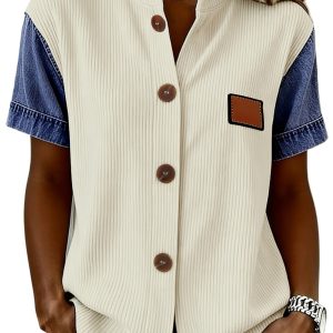 Women's Beige Denim Patchwork Shirt – Short Sleeve Ribbed Button-Down for Daily Wear - Main View