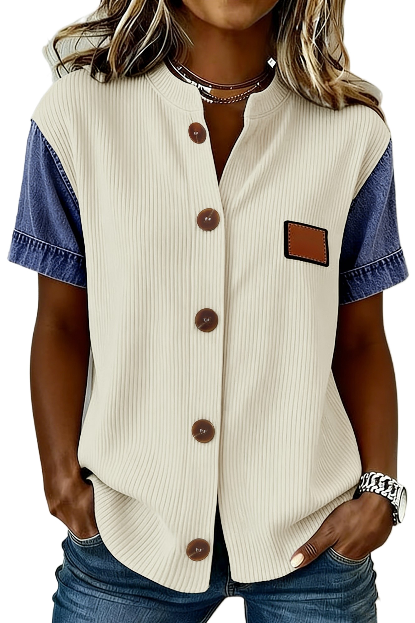 Women's Beige Denim Patchwork Shirt – Short Sleeve Ribbed Button-Down for Daily Wear - Main View