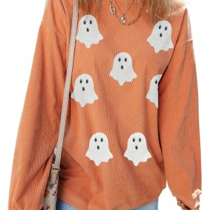 Women's Orange Twisted Ribbed Halloween Ghost Sequin Patched Sweatshirt - Main View