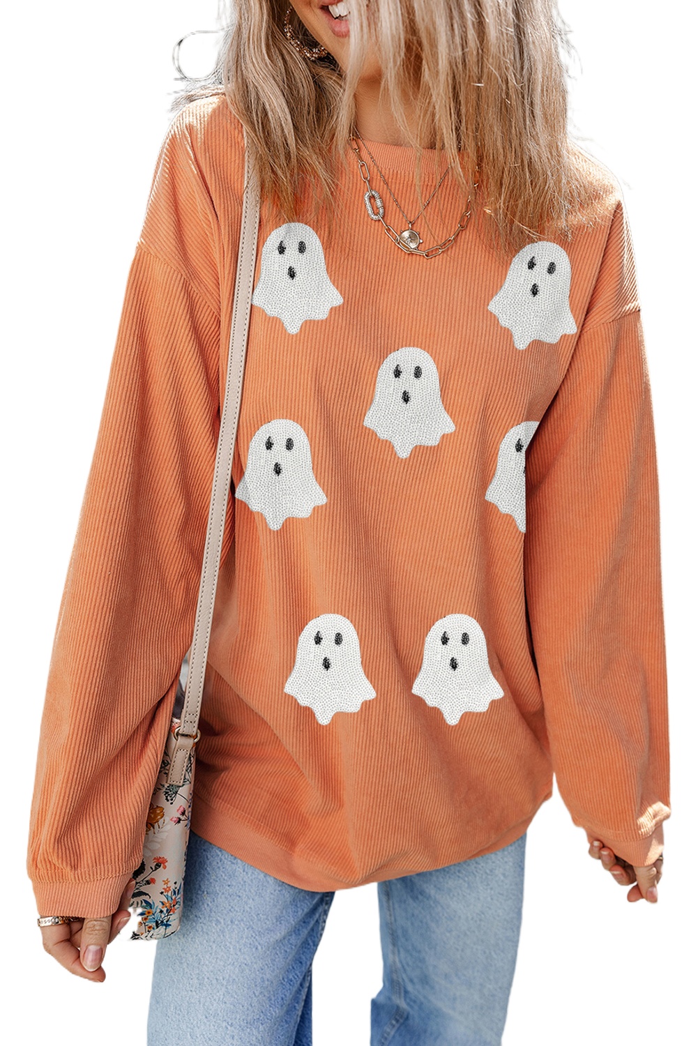 Women's Orange Twisted Ribbed Halloween Ghost Sequin Patched Sweatshirt - Main View