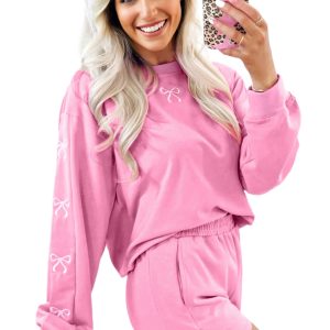 Sachet Pink Girly Bow Embroidered Puff Sleeve Pullover & Short Set – Ideal Casual Outfit for Women - Main View