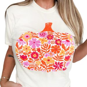 Women's White Floral Pumpkin Cracking Print T-Shirt for Thanksgiving - Main View