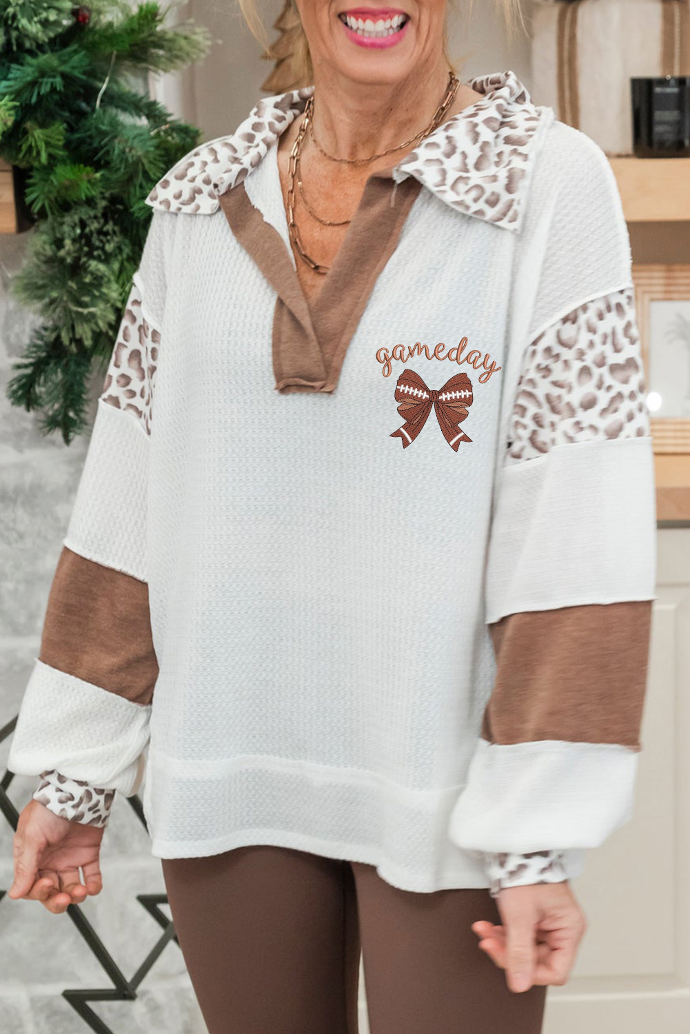 Casual Long Sleeve Color Block Patchwork Top for Fall - White with Embroidery Detail - Detail View 6