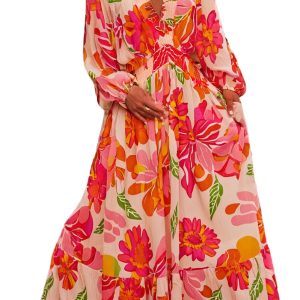 Women's Beige Floral Print Smocked Detail V Neck Puff Sleeve Flowy Maxi Dress with Pockets - Main View
