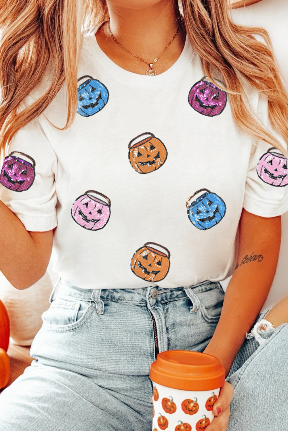 Casual Short Sleeve White T-Shirt with Sparkling Sequin Pumpkin Face - Detail View 2