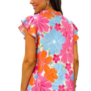 Women's Multicolour Floral Ruffle Trim Blouse – Casual V Neck Sleeveless Top for Summer
