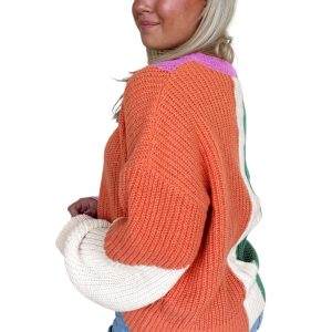 Desert Gold Color Block Textured Knit Drop Shoulder Loose Fit Sweater for Women - Main View