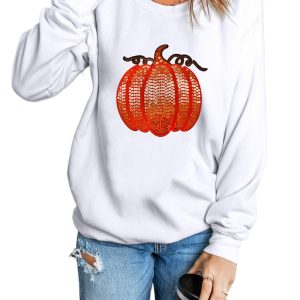 Women's White Sequin Pumpkin Graphic Pullover Sweatshirt - Trendy Casual Fall Style - Main View