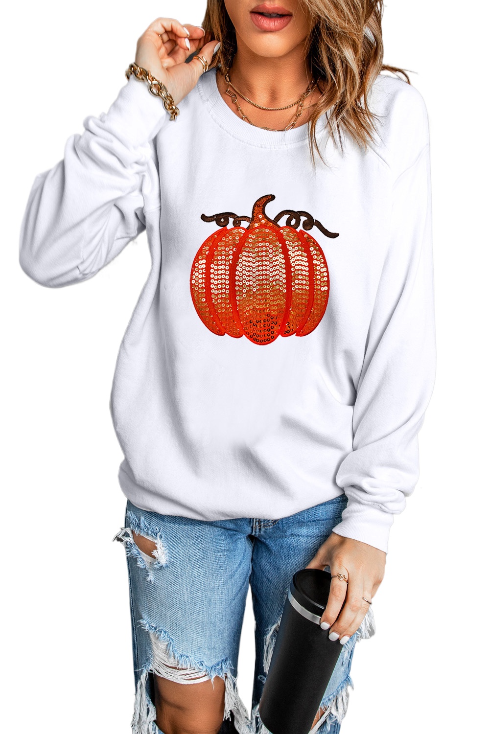 Women's White Sequin Pumpkin Graphic Pullover Sweatshirt - Trendy Casual Fall Style - Main View