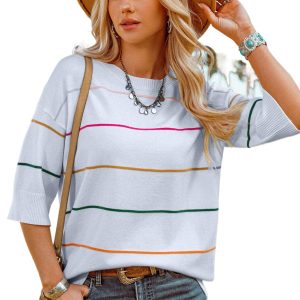 Women's Beau Blue Colorblock Striped Half Sleeve Sweater – Casual Summer Style for Everyday Wear