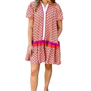 Women's Orange Geometric Floral Print Dress – Casual Summer Ruffle Hem for Daily Wear