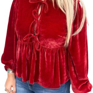 Women's Red Clay Velvet Peplum Blouse – Casual Tie Front Top for Daily Wear - Main View