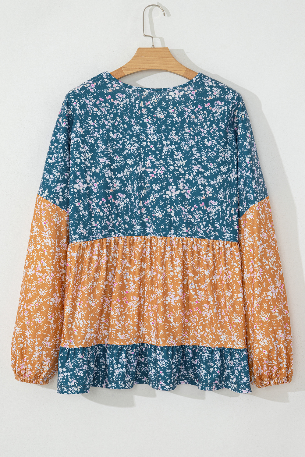 Women's Blouse, Orange Floral, Color Block, Patchwork, Ruffled Hem, Round Neck, Long Sleeve, Daily Wear, Spring Fashion, Southern Belle Style, Country Chic, Stylish Top, Comfortable Fit, Trendy Design - Detail View 12