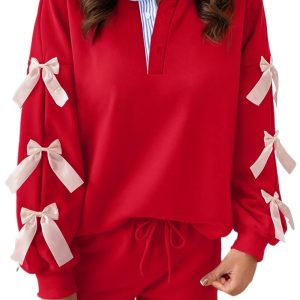 Women's Racing Red Striped Sweatshirt and Shorts Set – Casual Long-Sleeve Patchwork with Satin Bow for Daily Comfort