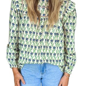 Women's Green Floral Print Blouse with Lace Detail – Ideal for Casual Spring Outings