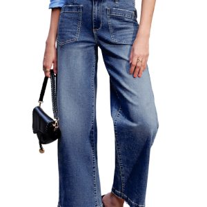 Women's Bluing Minimalist Patch Pocket Shift Jeans - High Waist Casual Wide Leg Denim - Main View