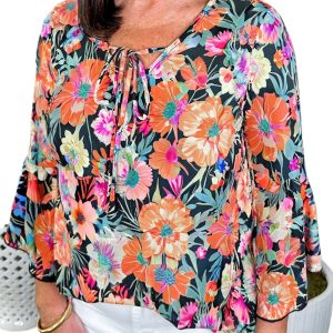 Elegant Black Floral 3/4 Flare Sleeve Tied V Neck Blouse for Women - Main View