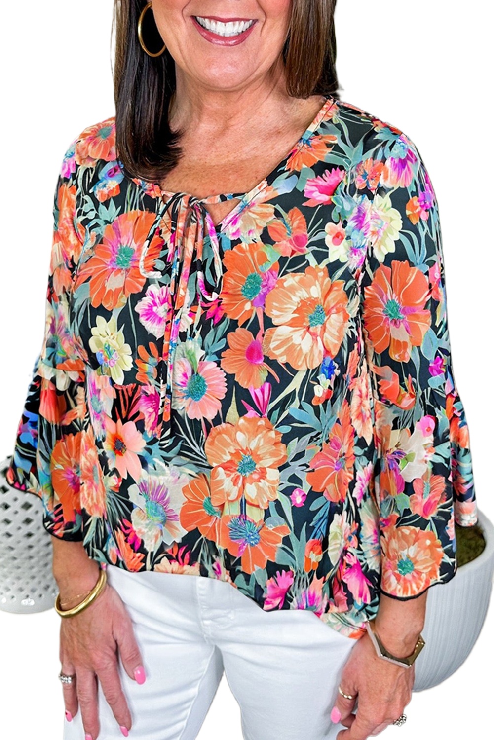 Elegant Black Floral 3/4 Flare Sleeve Tied V Neck Blouse for Women - Main View