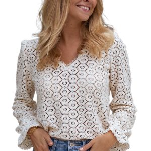 Elegant Beige Flower Lace V Neck Ruffled Sleeve Top for Women - Main View
