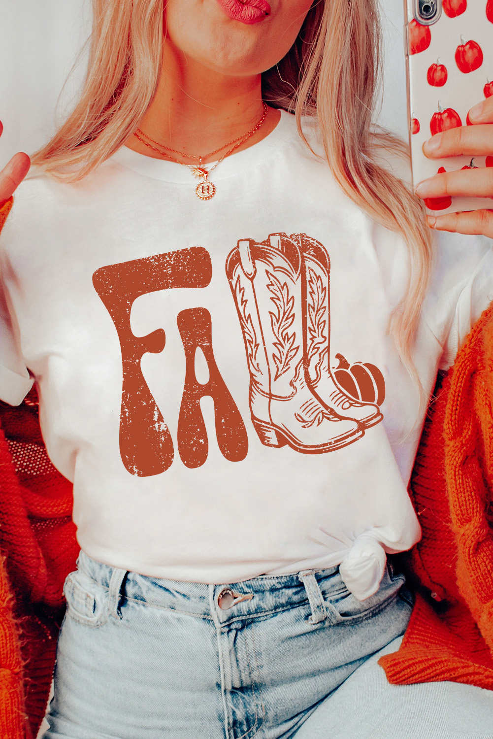 Women's White FALL Boots Graphic T-Shirt - Casual Round Neck Tee - Detail View 5
