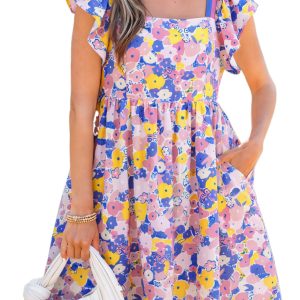 Women's Floral Print Mini Dress – Square Neck Flutter Sleeve Shift Dress, Casual Summer Vacation Style - Main View