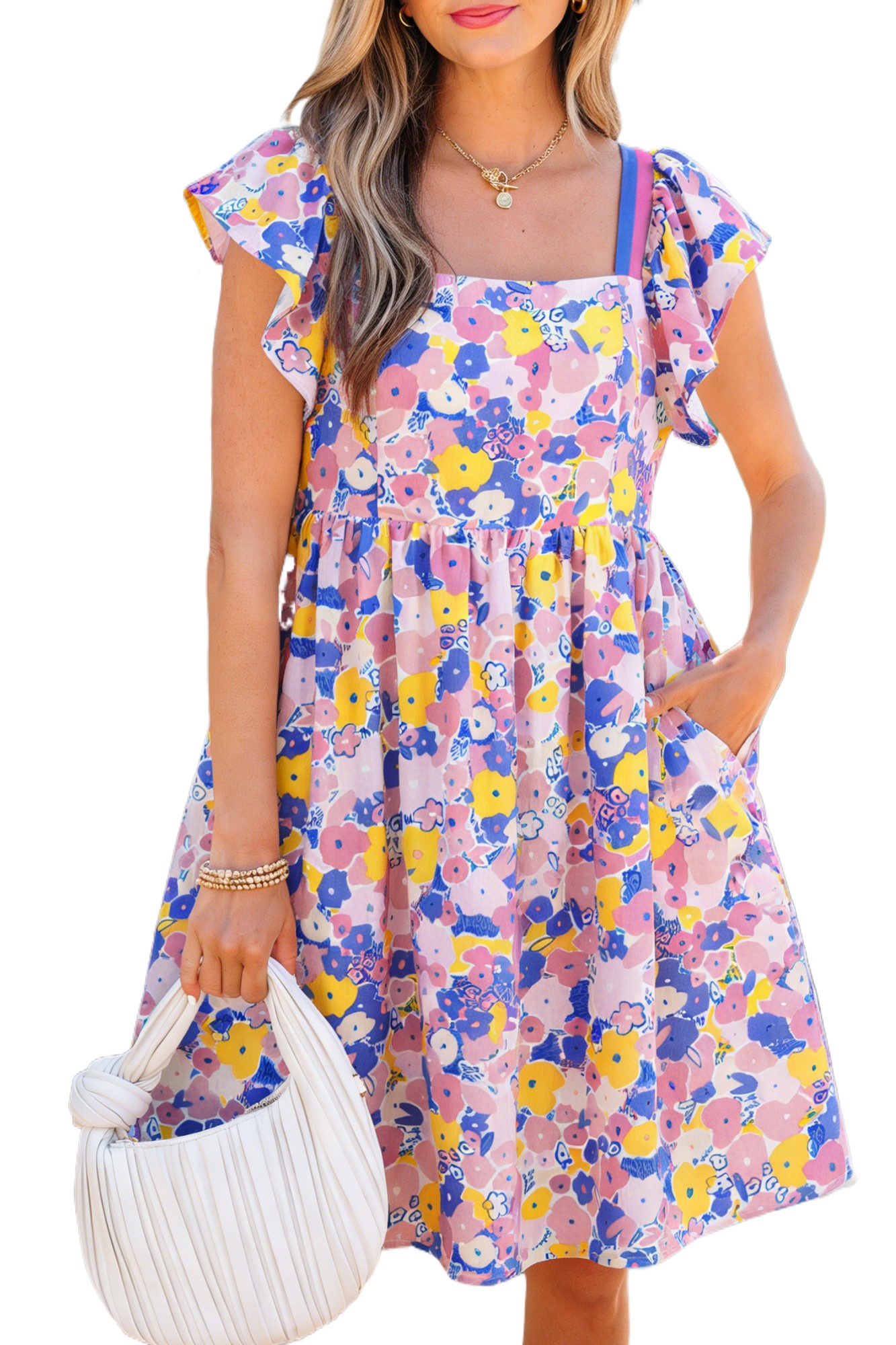 Women's Floral Print Mini Dress – Square Neck Flutter Sleeve Shift Dress, Casual Summer Vacation Style - Main View