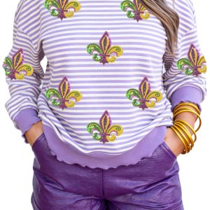 Women's Purple Stripe Sequin Long Sleeve Top – Casual Color Block Patchwork for Mardi Gras