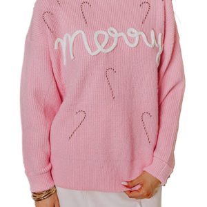 Women's Pink Merry Candy Cane Knit Crew Neck Sweater – Cozy Casual Fall Style for Christmas - Main View