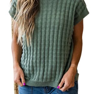 Women's Mist Green Textured Short Sleeve Sweater – Casual Summer Essential
