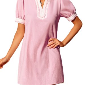 Women's Light Pink Mini Dress – V-Neck Puff Sleeve Shift Dress with Scallop Color Block Trim