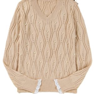 Elegant Smoke Gray Pearl Beaded Pointelle Knit Sweater with Lace Patchwork Sleeves - Main View