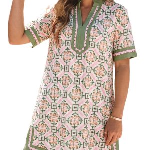 Women's Boho Geometric Floral Mini Dress – Rick Rack Trim Shift Dress, Summer Vacation Style - Main View