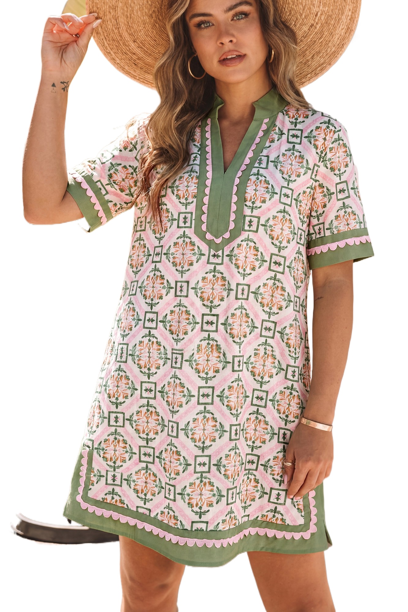 Women's Boho Geometric Floral Mini Dress – Rick Rack Trim Shift Dress, Summer Vacation Style - Main View