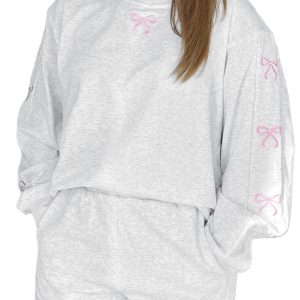 Women's Light Grey Bow Embroidered Puff Sleeve Pullover – Casual 2-Piece Outfit for Everyday Elegance - Main View