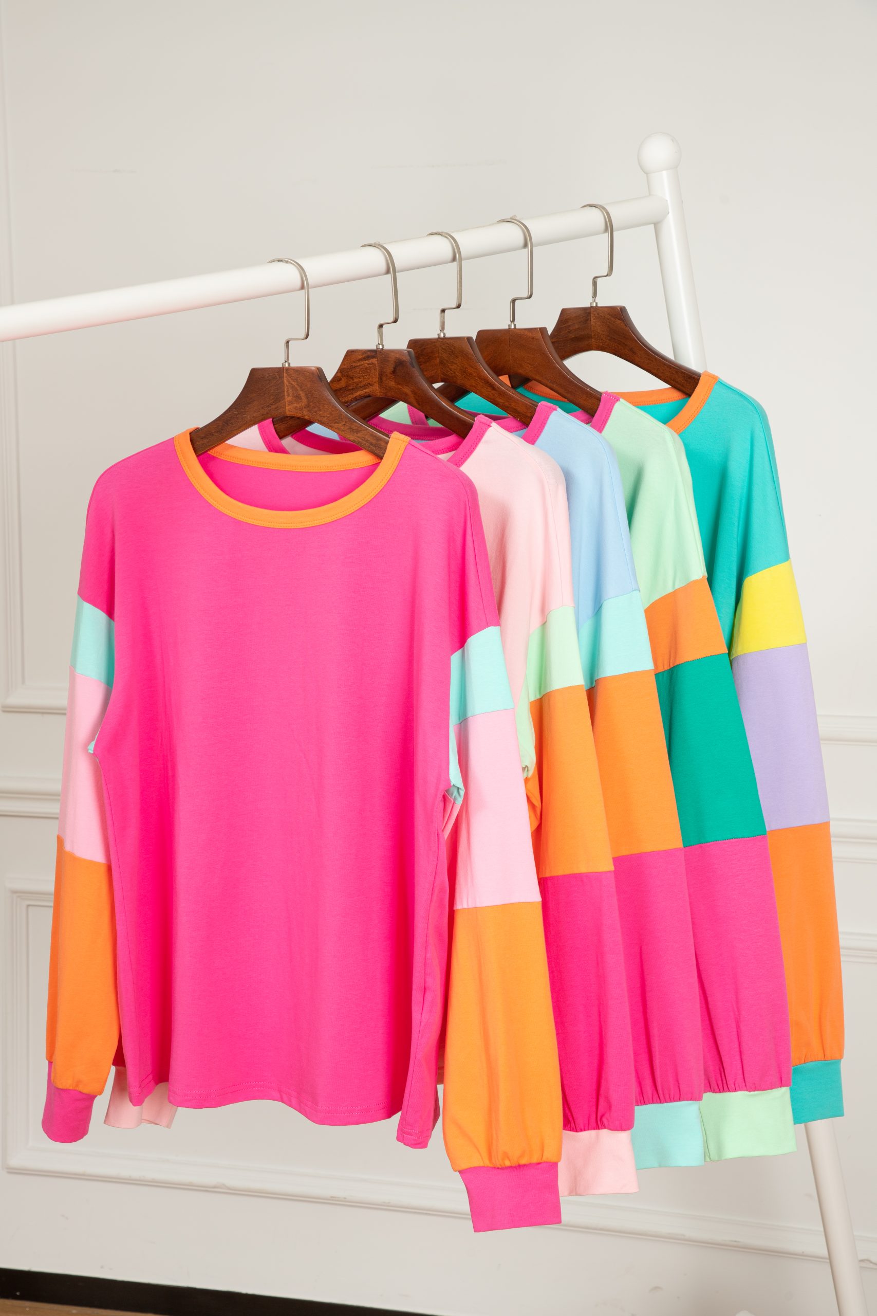 Trendy Light Blue Color Block Long Sleeve Top with Patchwork Design - Detail View 18