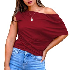 Burgundy Plus Size Asymmetrical Neck Short Sleeve Blouse for Daily Wear