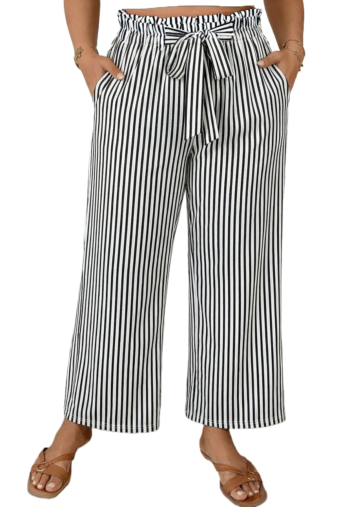 Women's Plus Size Striped Wide Leg Pants – High Waist Casual Loose Straight Trousers - Main View