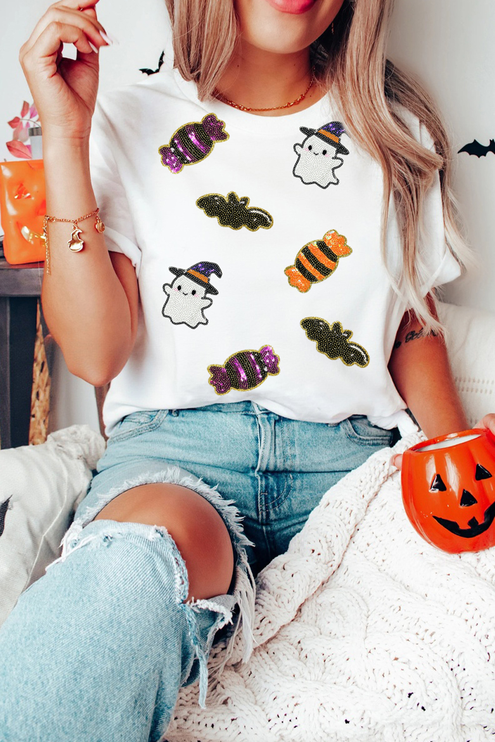 Stylish and Comfortable Round Neck T-Shirt: White Halloween Spirit Pattern for Summer - Detail View 7