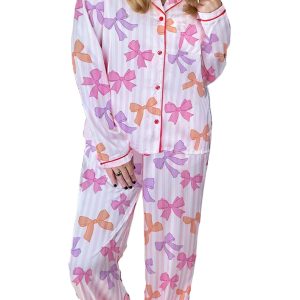 Pink Striped Bow Print Contrast Piping Trim Long Sleeve Shirt and Wide Leg Pants 2-Piece Pajama Set - Main View