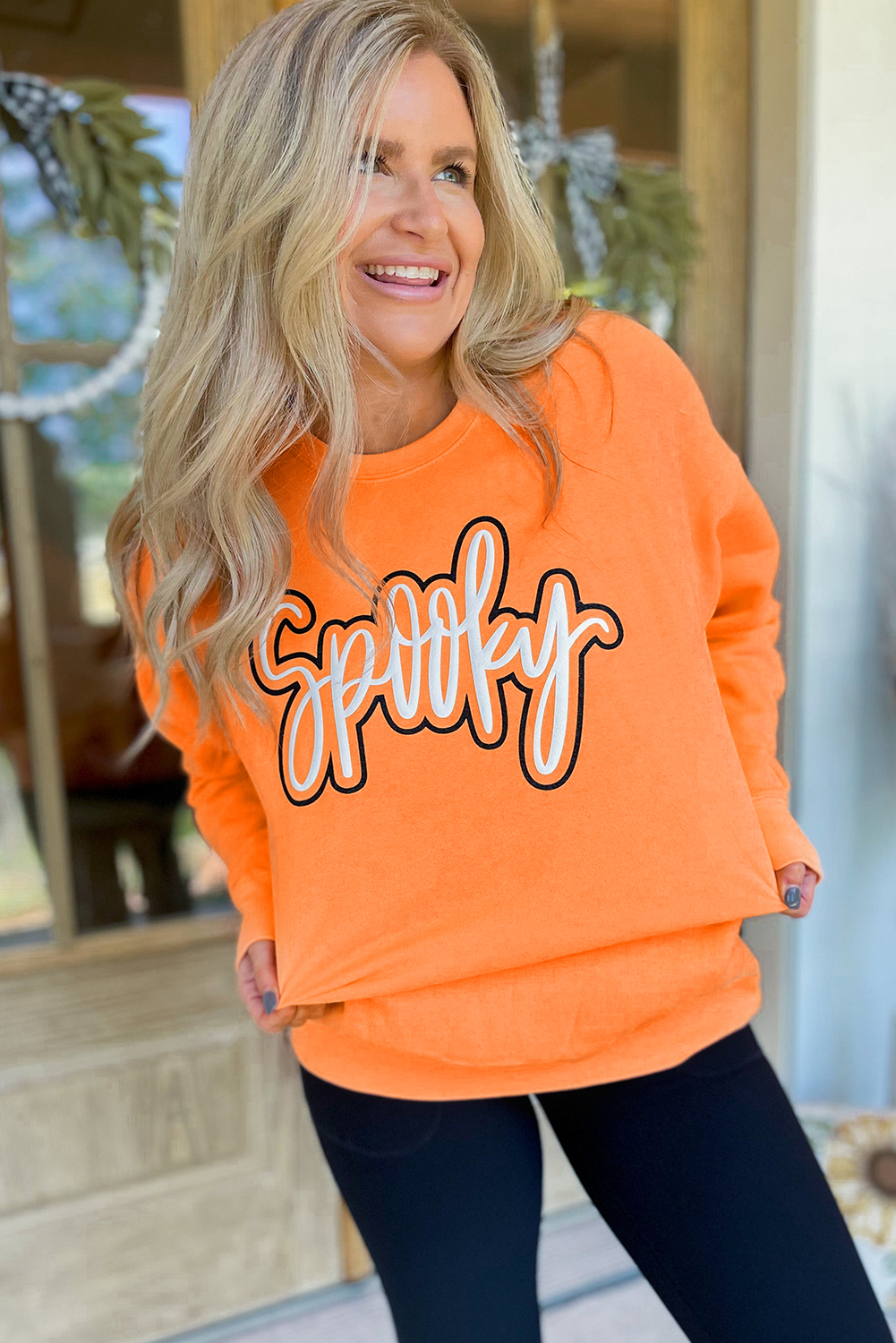 Casual Long Sleeve Halloween Sweatshirt - Spooky Slogan Print in Grapefruit Orange - Detail View 6