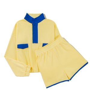 Stylish Yellow Color Block Patchwork Half Button Pullover and Shorts 2-Piece Outfit - Main View