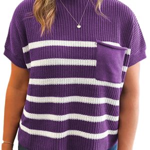 Women's Purple Stripe Short Sleeve Knit Sweater with Raw Edge Patched Pockets – Casual Daily Wear