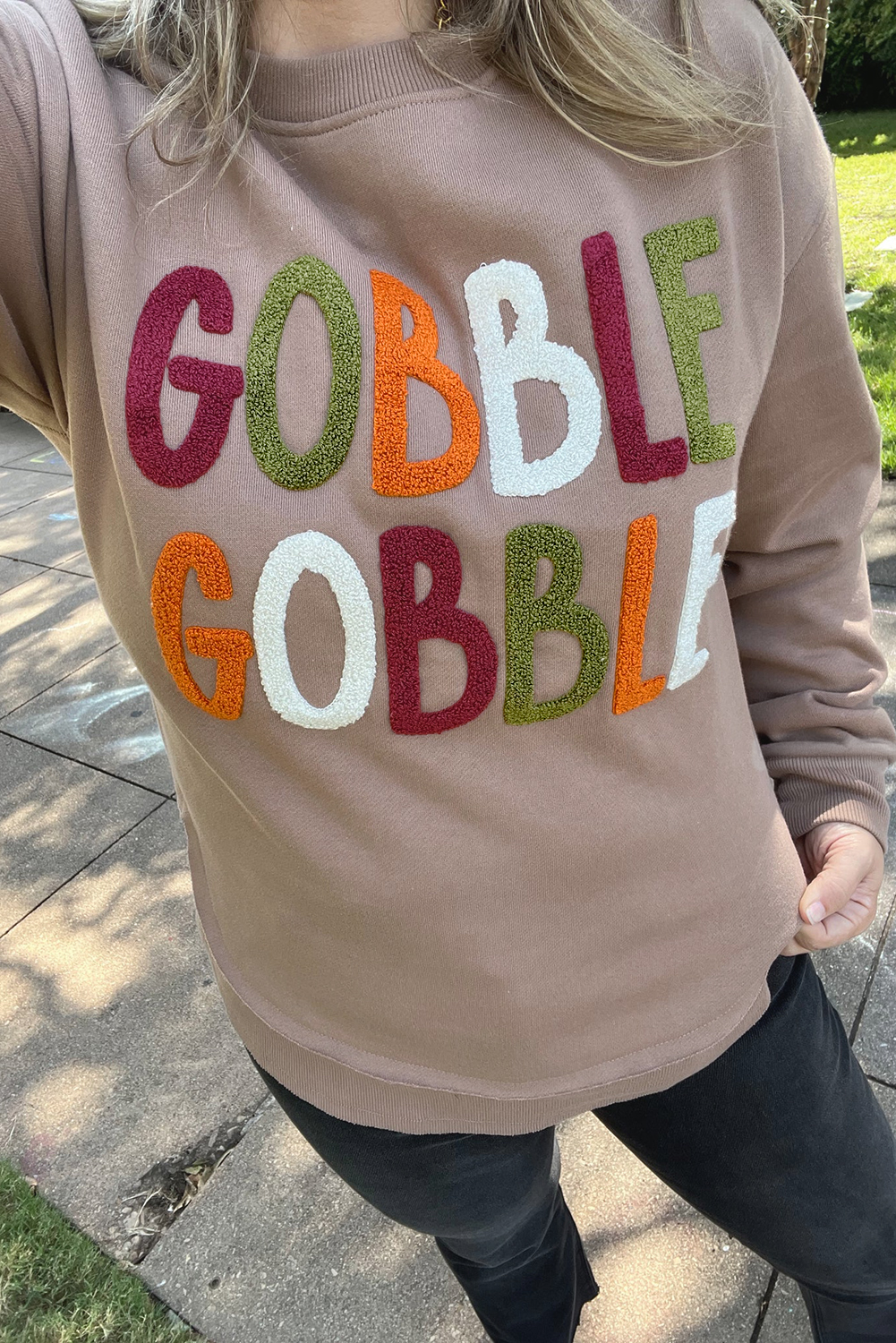 Women's Dark Khaki GOBBLE Letter Graphic Thanksgiving Shift Sweatshirt - Detail View 5