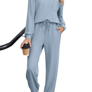 Dusk Blue Solid Color Ribbed Long Sleeve Top & Casual Pant Set for Women - Main View