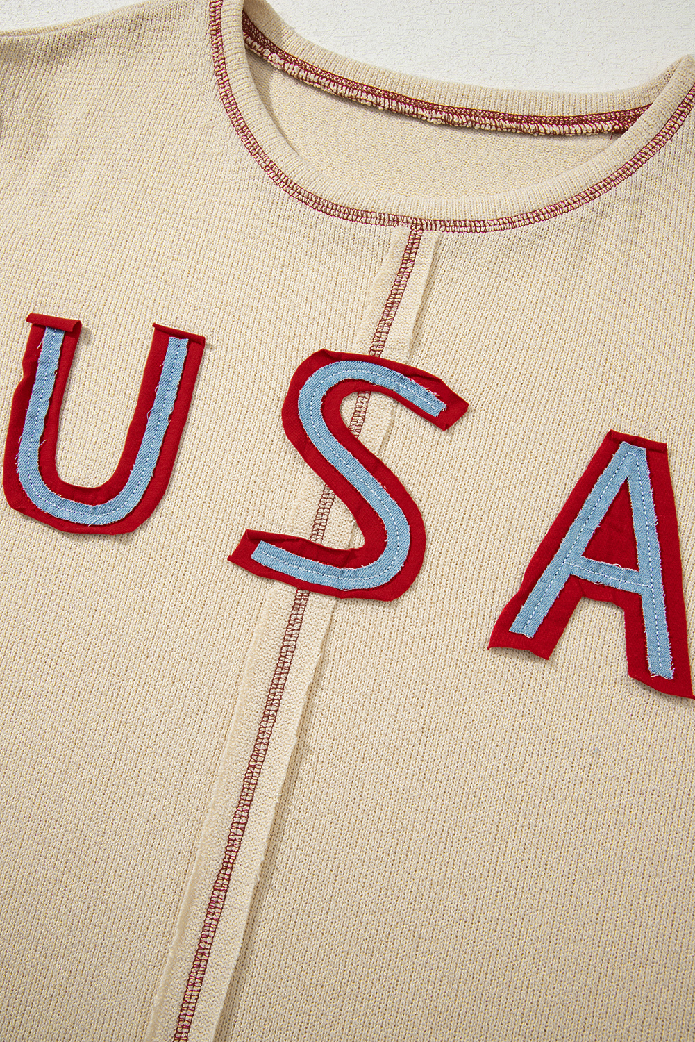 Women's Beige USA Star Contrast Patchwork Long Sleeve Top with Exposed Seams - Detail View 9