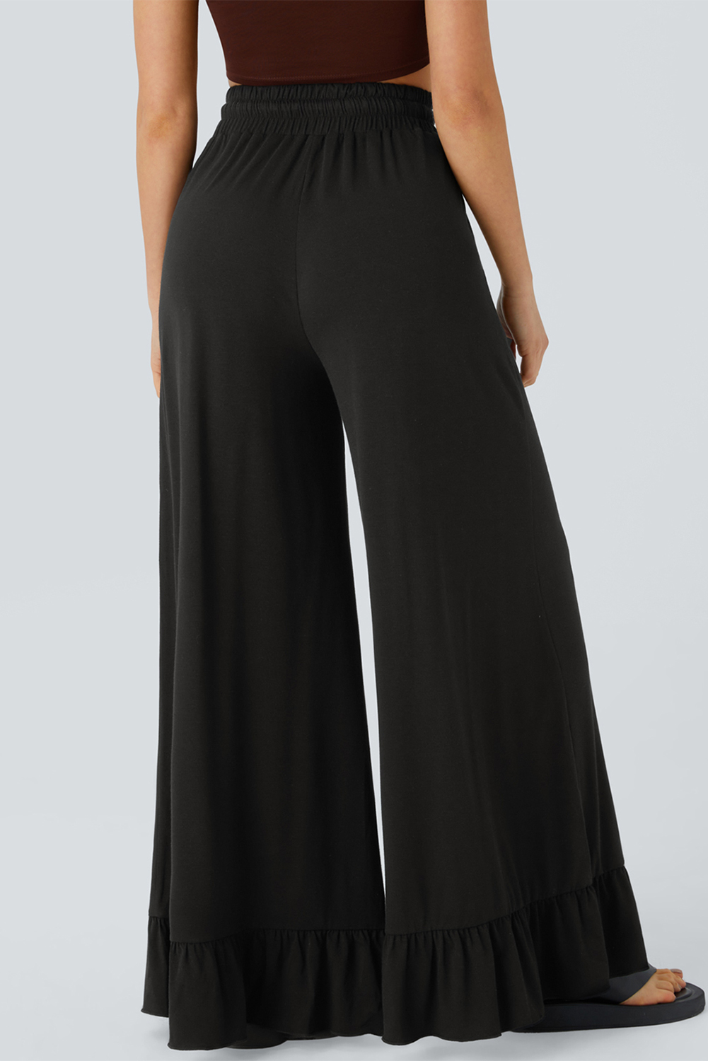 Stylish High Waist Wide Leg Pants for Women - Black Casual Trousers with Pockets - Detail View 2
