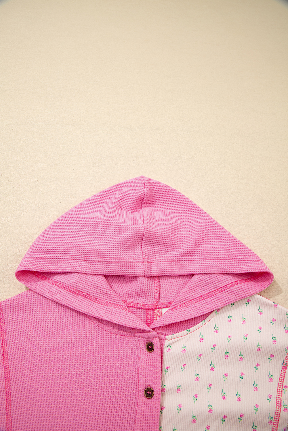Casual Long Sleeve Color Block Hoodie - Pink Mixed Texture Design - Detail View 6