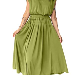 Women's Fern Green V Neck Maxi Dress – Casual Cap Sleeve Tunic for Summer Outings