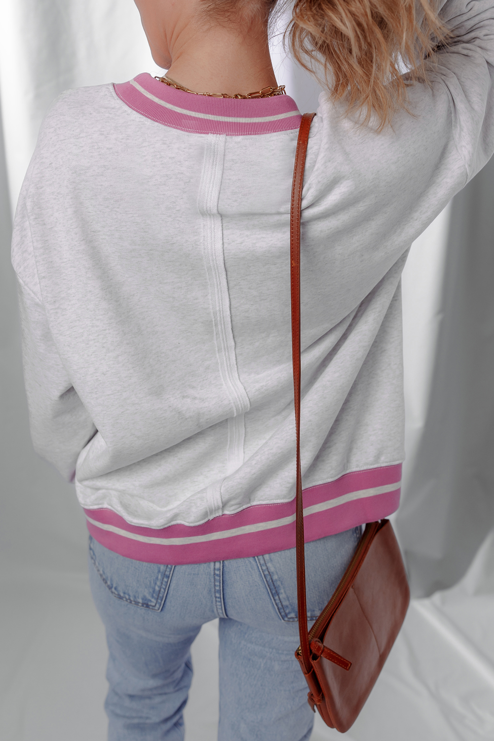 Women's Gray Flower Patch Contrast Trim Crew Neck Sweatshirt - Casual Fall Apparel - Detail View 5