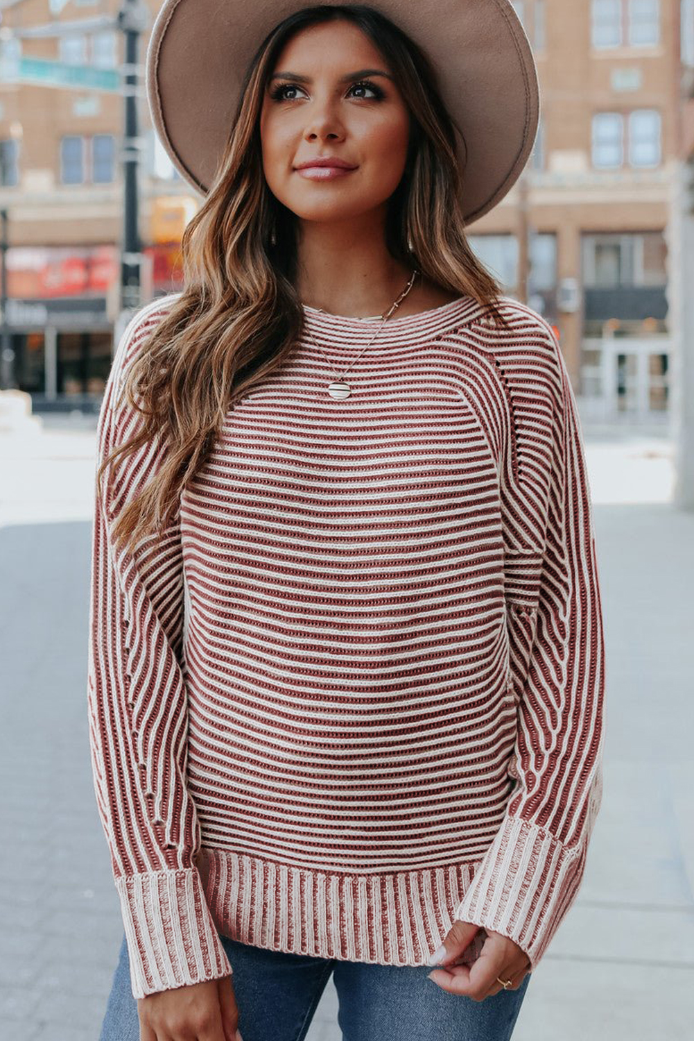 Stylish Long Sleeve Ribbed Sweater in Red Dahlia with Striped Pattern - Detail View 10